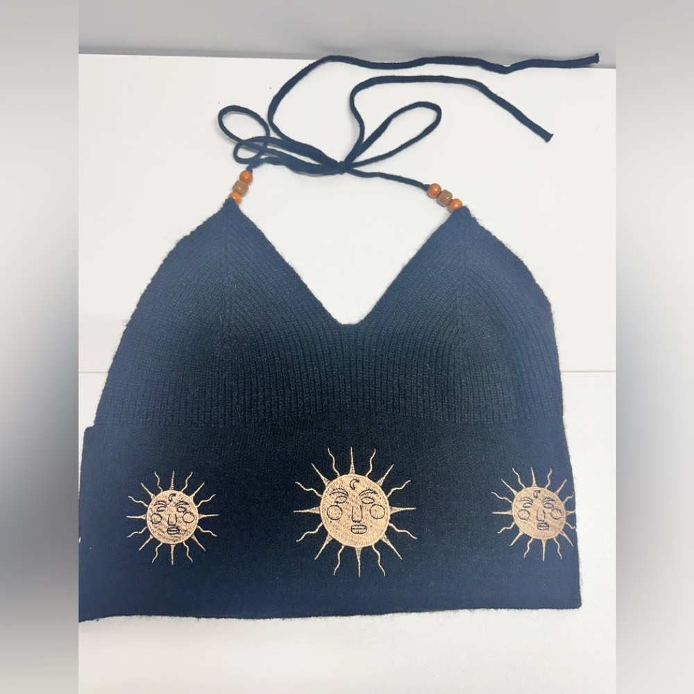 SHEIN Black Sun Embroidered Halter Top